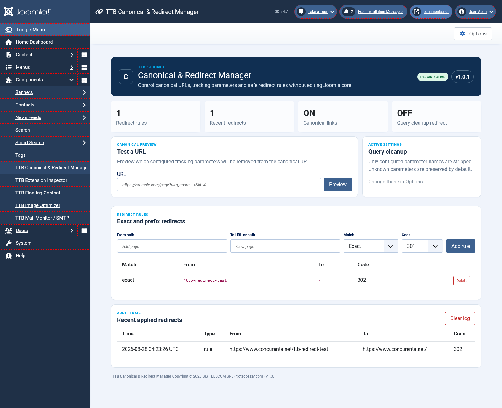 Joomla Canonical URL & Redirect Manager — screenshot 2