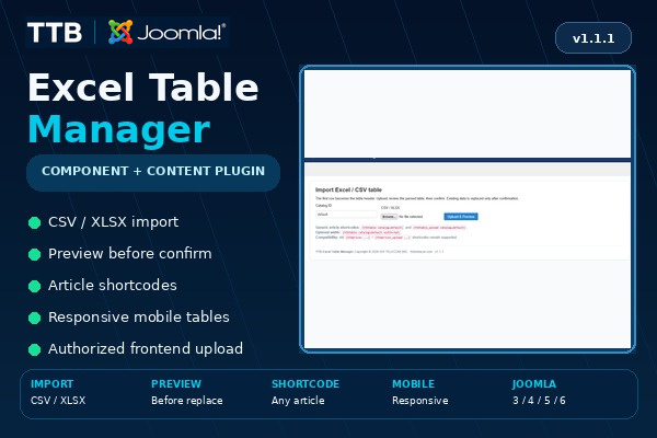Joomla Excel & CSV Table Manager - TTB Excel Table Manager