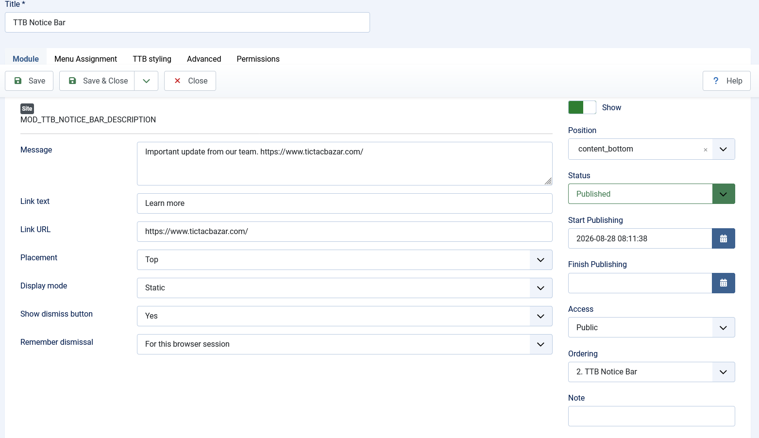 Joomla Announcement Bar Module — screenshot 2