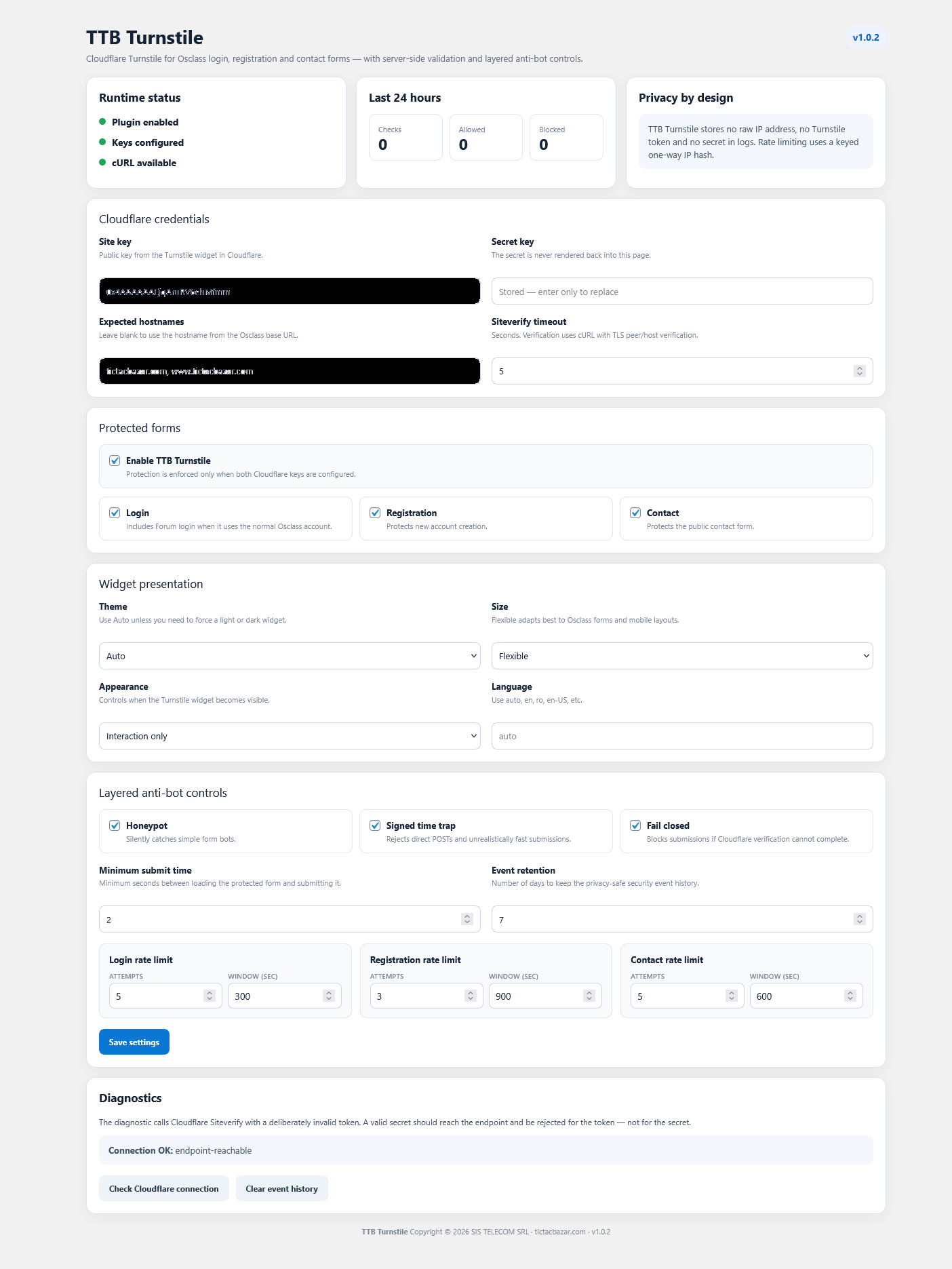 Osclass Cloudflare Turnstile Plugin — screenshot 2